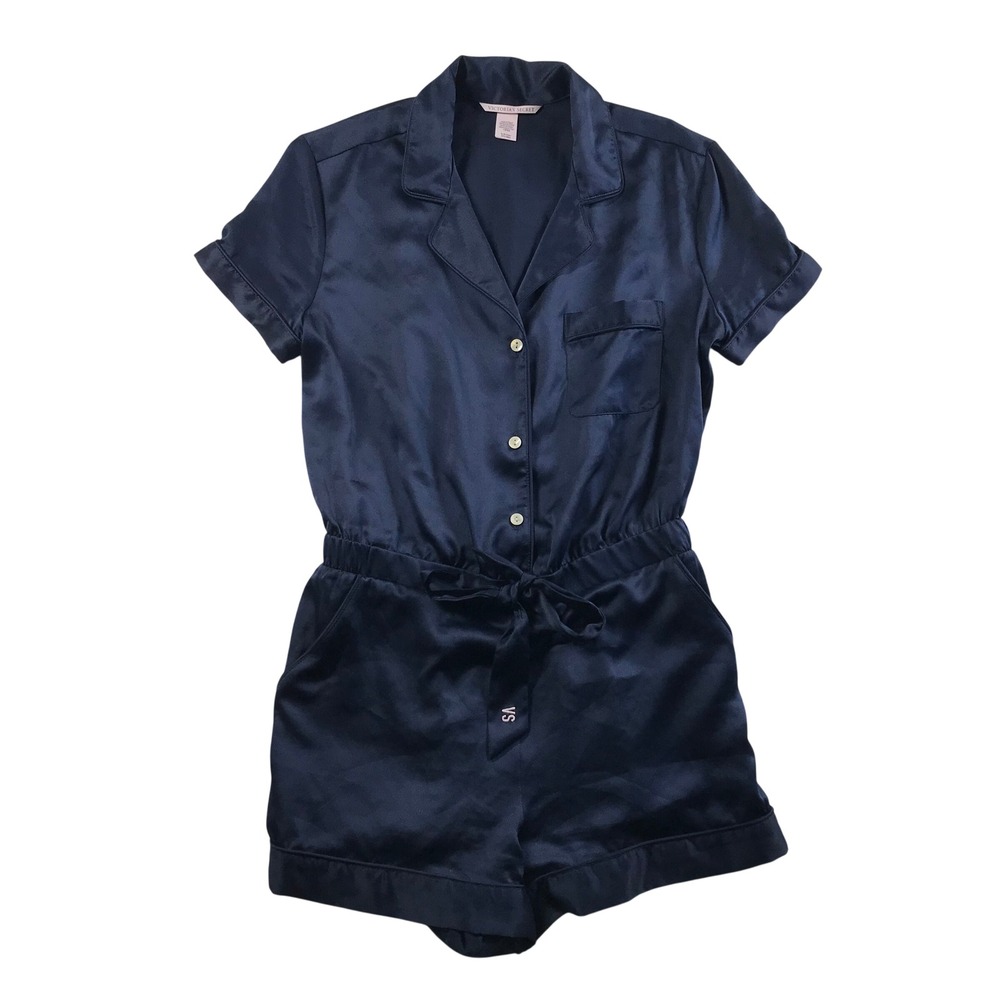 Victoria's Secret Navy Blue Satin Short Sleeve Button Front Romper Small 380456
